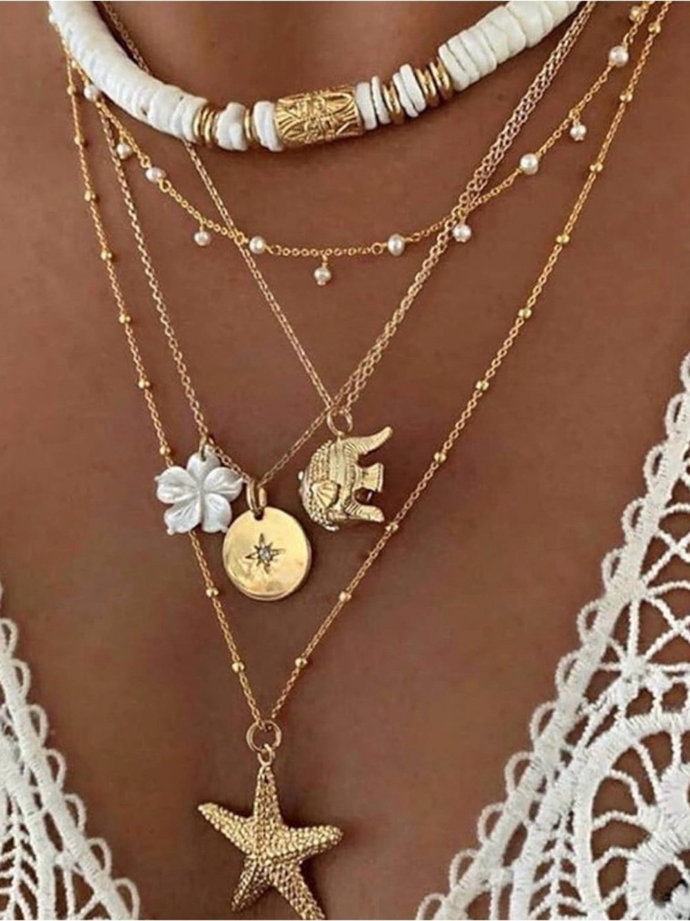 Layered Gold and White Charm Necklace Set - Women Jewelry